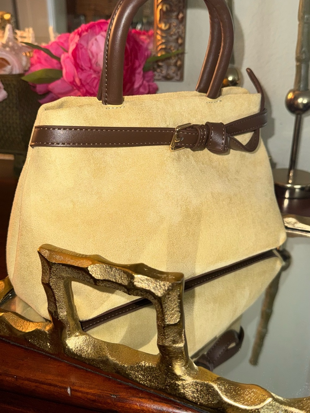 Suede like Top-Handle Tote Bag in soft yellow gold with Brown trim
